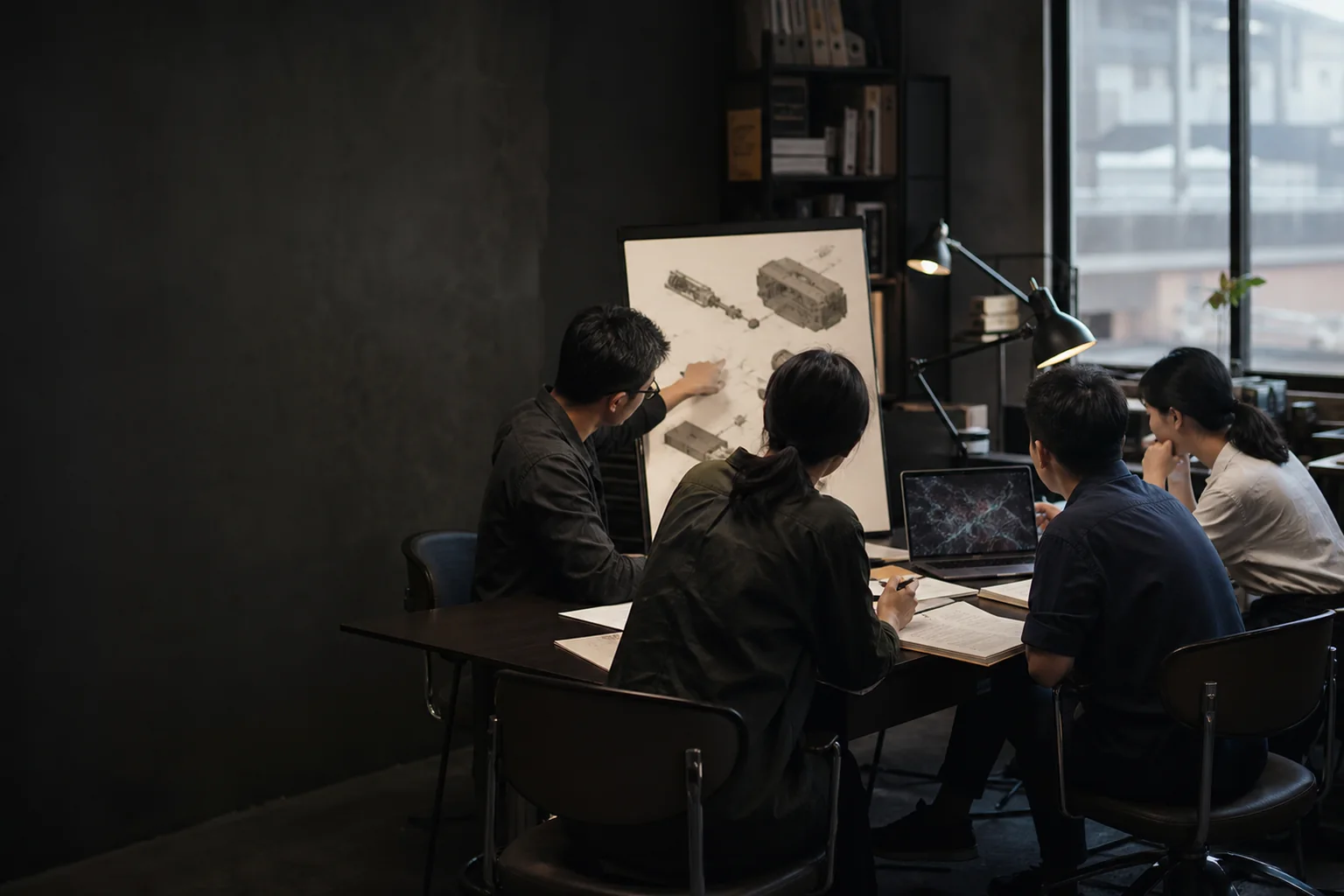 Four-person research team reviewing open sources and system diagrams in a technical studio